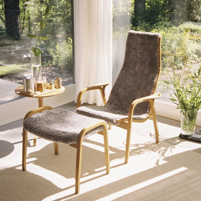 LAMINO Fåtölj + pall, bok/scandinavian grey/sahara